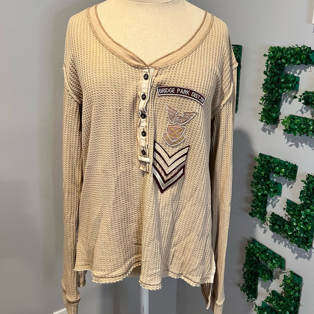 Beige Waffle Knit Henley Sweater